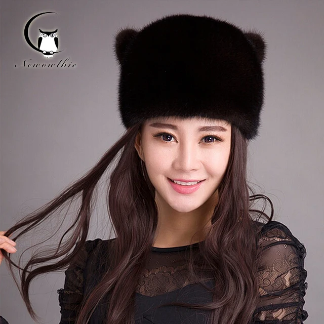 Cheap Wholesale Women Hats Whole Skin Mink Fur Elegant Fashion Warm Ear Cap Cut Cat Ear Mink Whole Leather Real Fur Hat Female