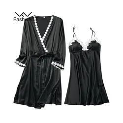 Мода слинг с груди pad двойка шелковый халат пикантные для женщин халаты пижамы Ночная рубашка платье женские