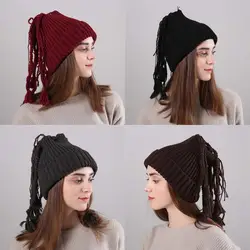 Для женщин зима теплая вязаная шапка Кепки милые Вязание полоски Удобная шапочка модные зимние Шапки для Для женщин ОММ