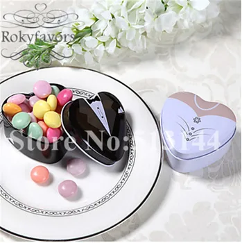 

FREE SHIPPING 50PCS Bride and Groom Heart Tin Boxes Wedding Decoration Favors,Anniversary and Events' Candy Boxes Favors