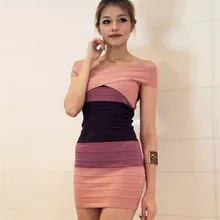 3 Farben Hohe Qualität HL Rosa Gestreifte Slash Neck Bandage Kleid Cocktail-Party Elegant Kleid