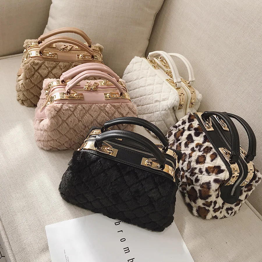 

Leopard Plush Tote Handbags for Women 2019 Female Winter Soft Shoulder Bags Black Small Crossbody Bags Totes Messenger Bags
