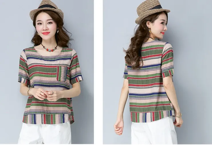 Cotton Linen Blouse Shirt Female Colourful Striped Tops Ladies 2018 New Summer Short Sleeve Women Shirts Rayas Blusas Mujer Mode (4)