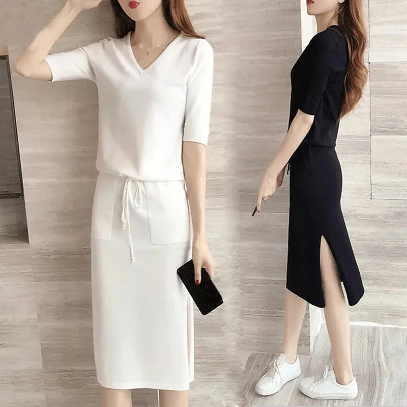 Fashion Casual Summer DressSolid black and white V-Neck Slim Dresses Length:Mid Dress Outfit Evening Party Fashion Casual Summer DressSolid black and white V-Neck Slim Dresses Length:Mid Dress Outfit Evening Party