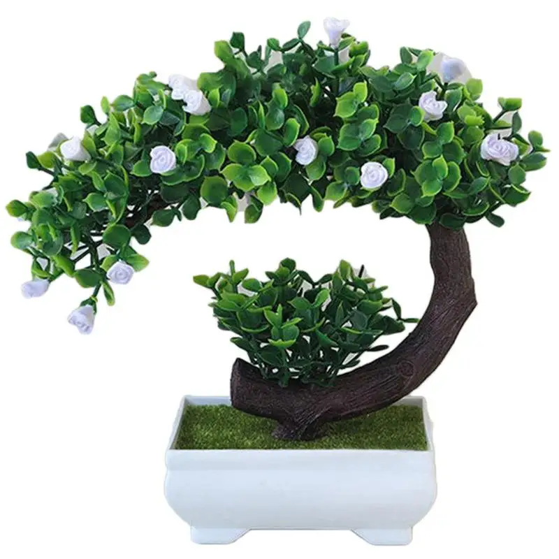 

Crescent Rose Artificial Bonsai With Flowerpot Potted, Plastic Artificial Flowers In Vase, Artificial Plant With Fake Flowers