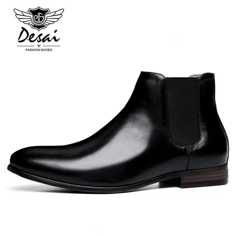 DESAI Brand Genuine Leather Men Boots British Style All Match Black Brown Simple Pointed Toe Chelsea Boots Men Ankle Shoes