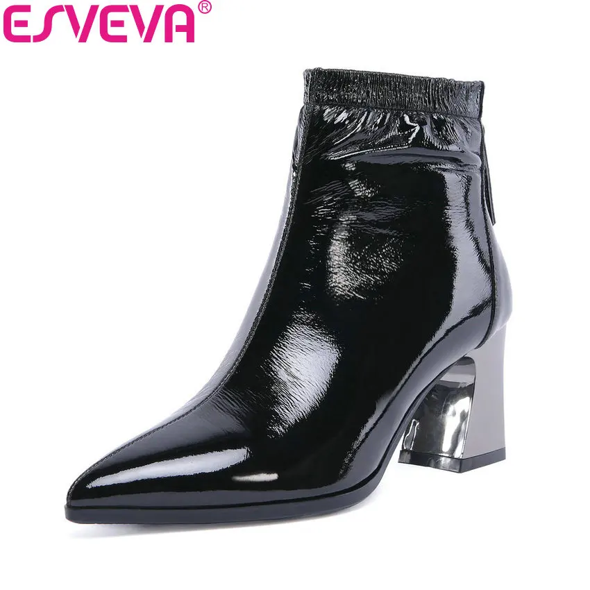 

ESVEVA 2019 Women Boots Zipper Motorcycle Boots Square High Heels Pointed Toe Ankle Boots Western Style Ladies Boots Size 34-42