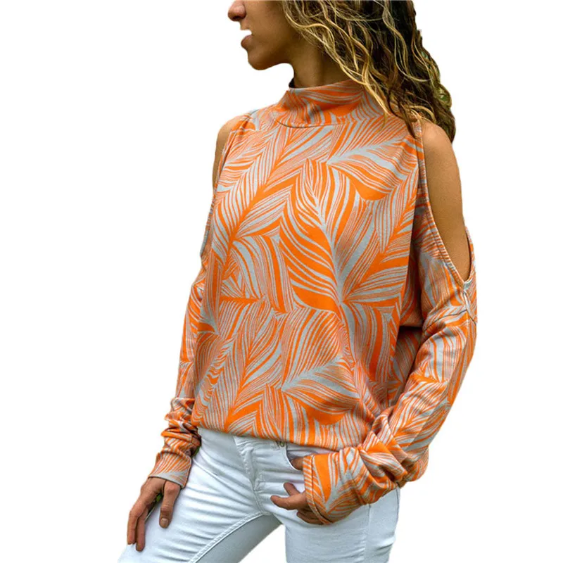 Женский джемпер с геометрическим цветочным принтом, женская блузка с открытыми плечами, топ в богемном стиле с длинным рукавом, Женская сорочка, большие размеры, модный дизайн - Цвет: Оранжевый