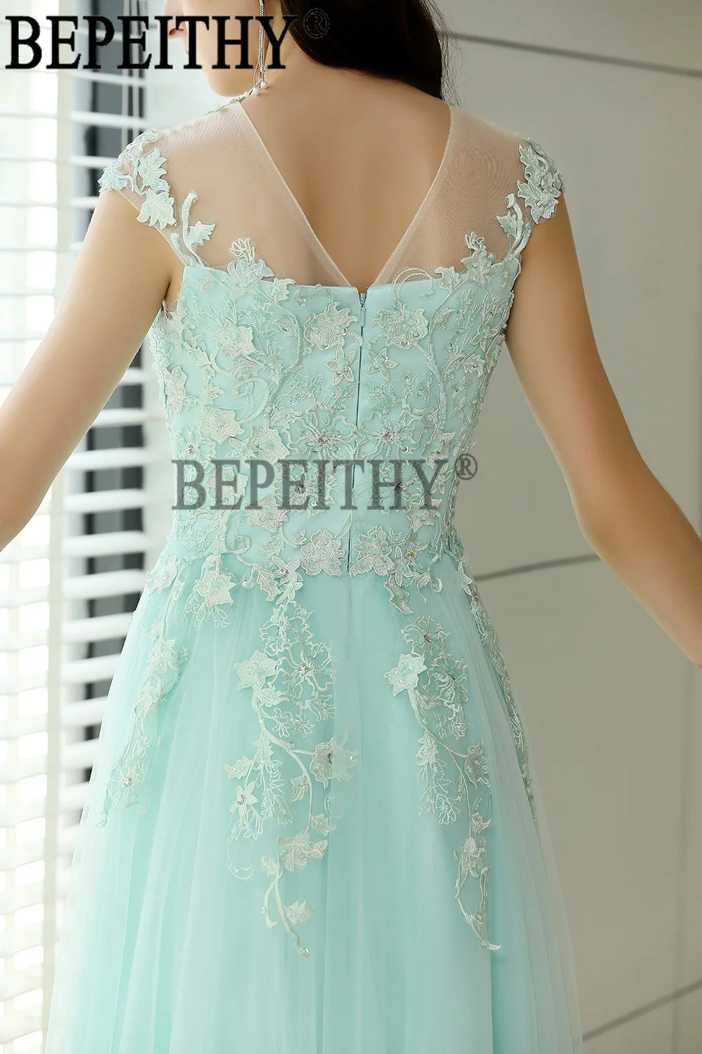 BEPEITHY vestido de festa новый дизайн с высоким воротом короткий рукав Тюль Аппликации Длинные вечерние платья 2019 новое поступление