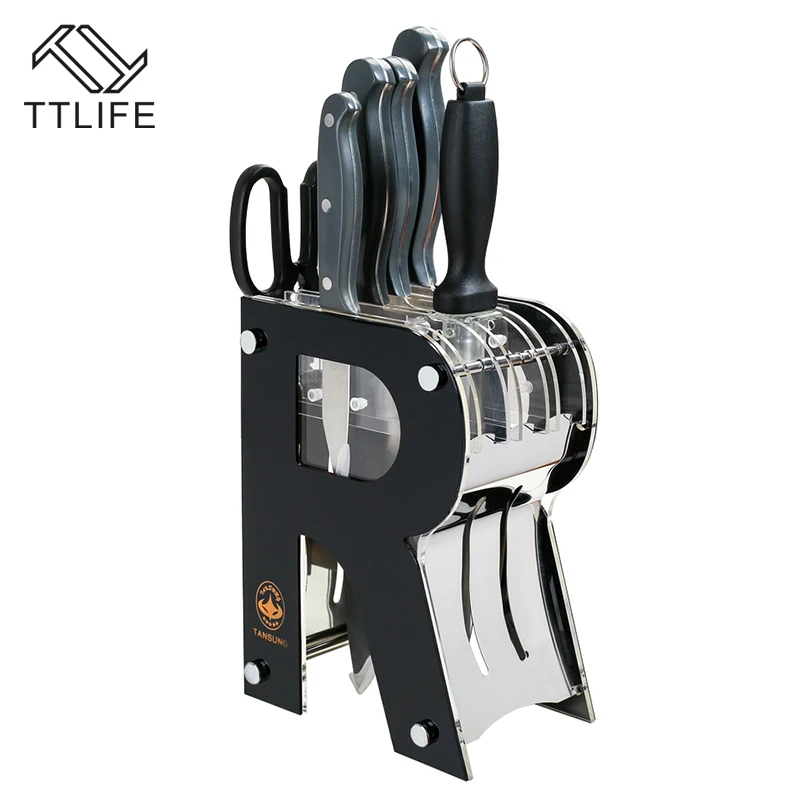 TTLIFE 7 PCS Stainless Steel Knife Set + Peeler + Scissor with Black Acrylic Knife Stand Block Kitchen Knife Cooking Tools TTLIFE 7 PCS Stainless Steel Knife Set + Peeler + Scissor with Black Acrylic Knife Stand Block Kitchen Knife Cooking Tools