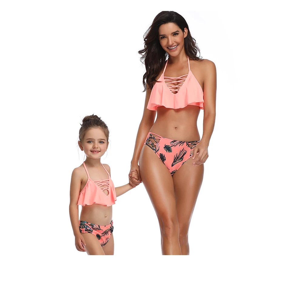 

New falbala mother and kids swimwear bandage bikinis women's swimming suit summer high waist swimsuit sexy bikini set biquini