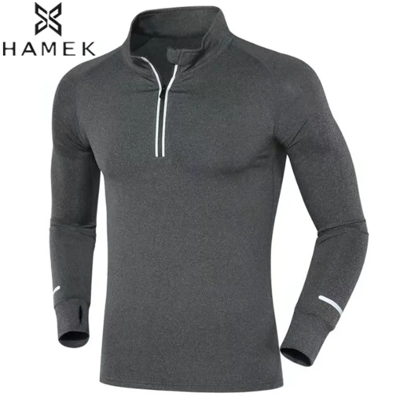 Mens Long Sleeved Running Shirts Reflective Stripe Half Zipper Male