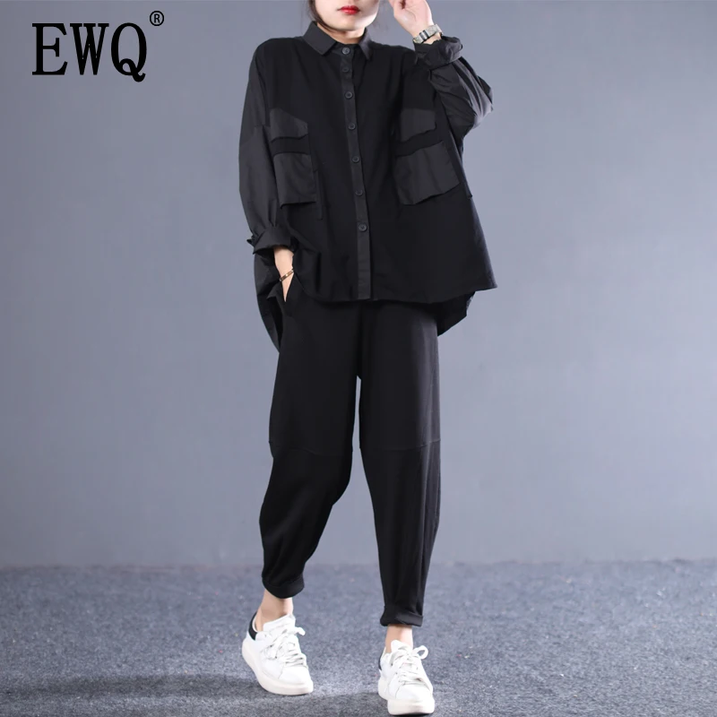 

[EWQ] spring summer of 2019 new pattern lapel long sleeve single breasted patchwork pockets elastic pants casual suit AD85401