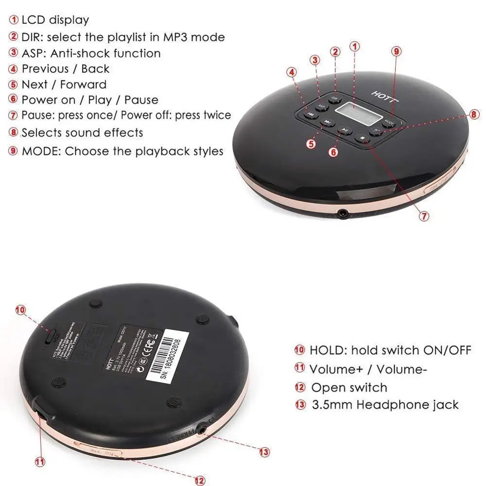 HOTT Portable Mini CD Player Rechargeable Built-in