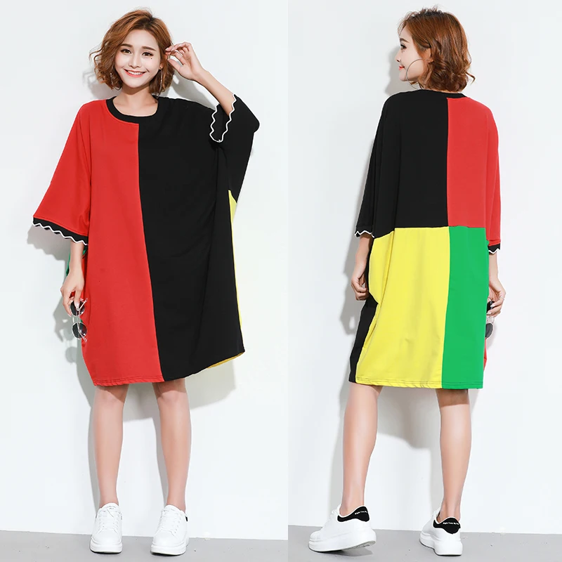 

HAYBLST Brand Women Loose T Shirt 2019 Summer Casual Fashion Patchwork Tops & Tees PlusSize Breathable Half Sleeve Lady Clothing
