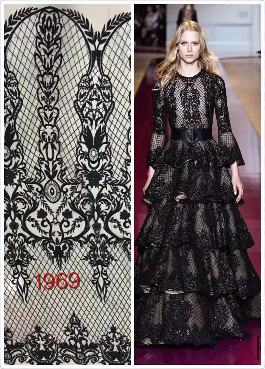 

African CGL-102955 Embroidered Tulle Fabric in black Top Quality French Net Fabric 5 yards