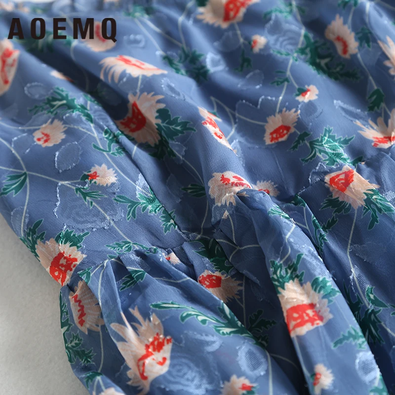 AOMEQ модные платья косой кружева цветочный принт с открытыми плечами синий океан