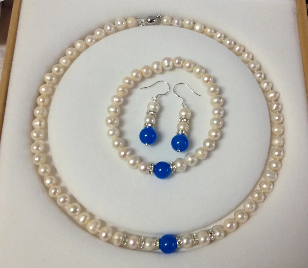

Free Shipping >>>>> 7-8mm White Akoya Cultured Pearl/Blue Sapphire bracelets necklace earrings set
