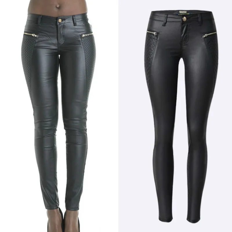

Low Waist Imitation Leather PU Skinny Pencil Pants Women Black Zipper Side Stripe Embroidered Pantalon Push Up Pantalon Femme