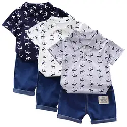 Рубашка с короткими рукавами и рисунком короны для маленьких мальчиков топы + джинсовые штаны, комплект для новорожденных девочек, ropa para bebe