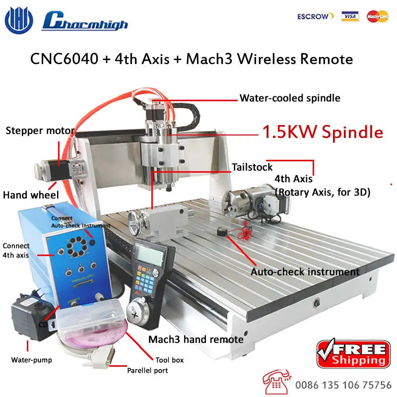 Free shipping 4 Axis Desktop CNC 6040 1.5kw Spindle + Mach3 Wireless