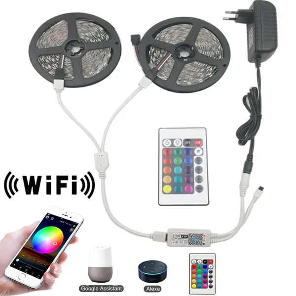 5 м 10 м 15 м WiFi Светодиодная лента RGB Водонепроницаемая SMD 5050 2835 12 В 12 в rgb Диодная гибкая лента WiFi конторлер+ адаптер штекер