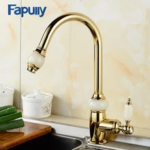 Fapully Kitchen Mixer Pull Out Spray Head Faucet Crystal Handles Deck Mounted Gold Kitchen Taps Brass Jade Body Mixer 549-33G