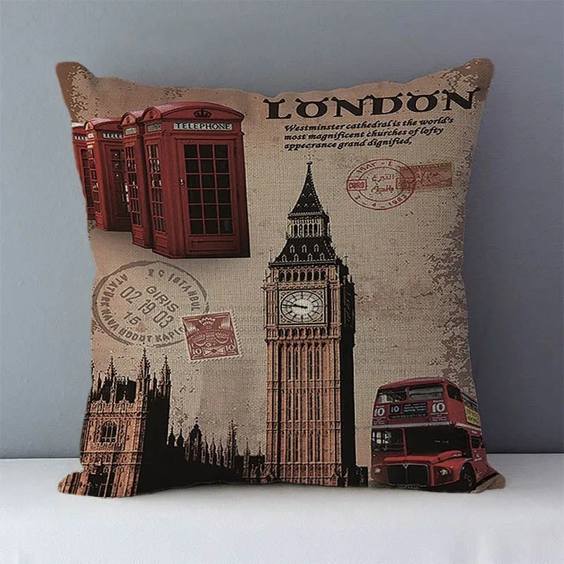 Retro Nostalgic couch cushion home decorative pillows London Paris scenic printed square 45x45cm pillowcase seat back cushions