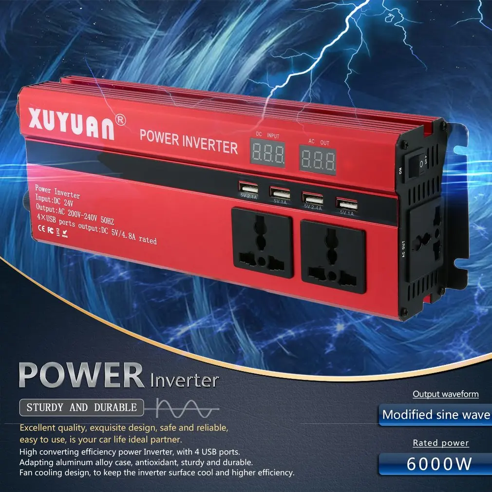 

Professional 6000W Solar Power Inverter DC 24V to AC 220V LED Display Car Sine Wave Converter for Household Appliances