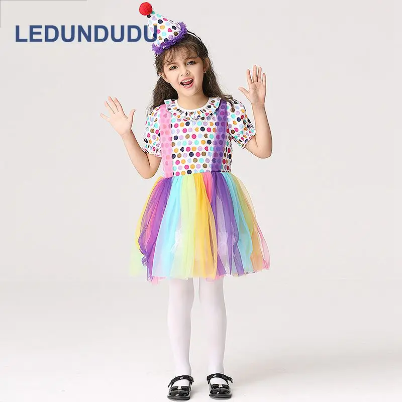 Children Clown Cosplay Costume Girls Rainbow Dress with Hat Kids Halloween Party Holiday Performance Clothes (1)