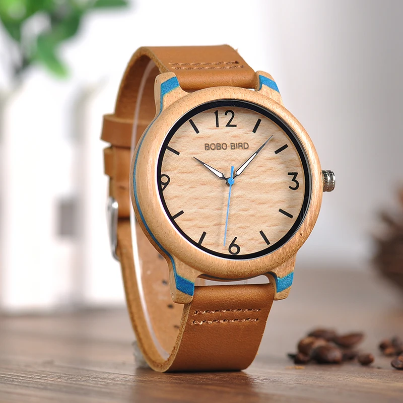 BOBO BIRD Leather Band Watches Bamboo Quartz Wristwatches Timepieces for Men and Women in Gift Box K-aQ22