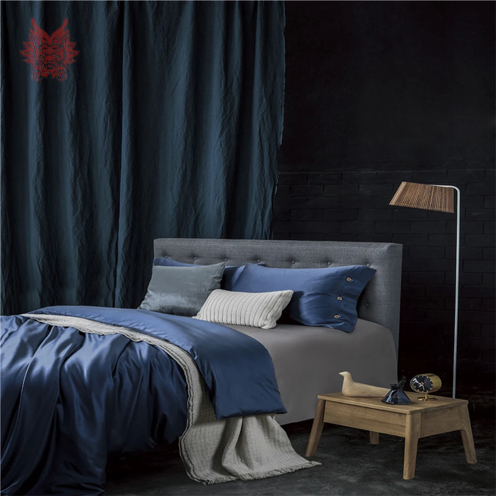 High grade 100S Cotton tribute silk bedding set blue grey contrast color duvet cover sheet type jogo de cama SP4950 | Дом и сад