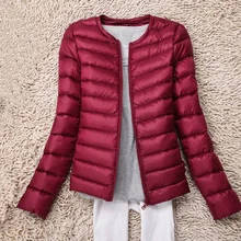 Женское ультра легкое пуховое пальто, модное, с круглым вырезом, тонкое, короткое, однотонное, на 90% утином пуху, пальто, женская повседневная верхняя одежда, пуховик RE0377