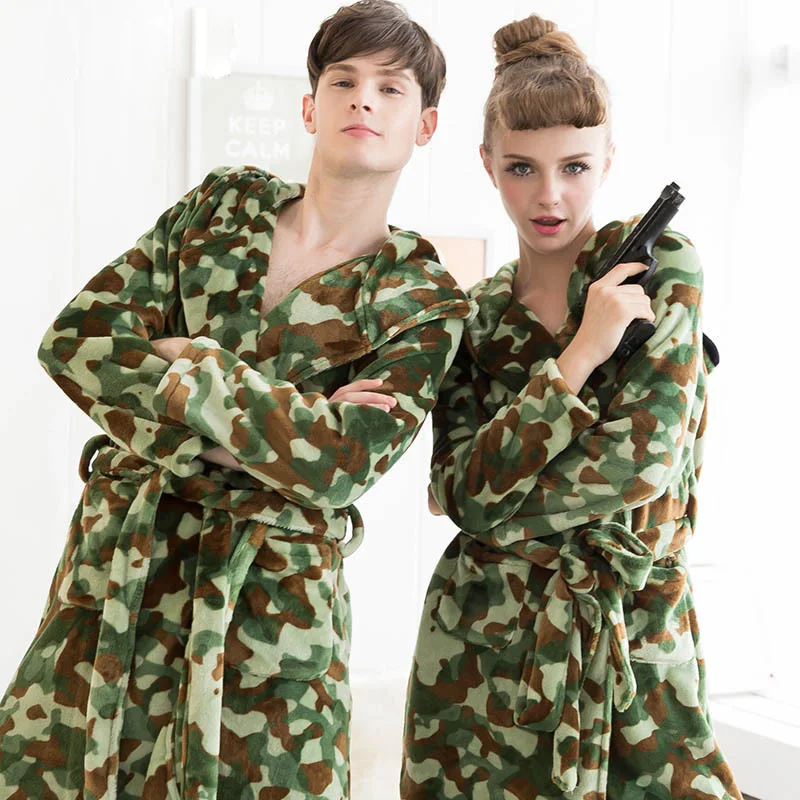 Spring Autumn Winter Flannel Camouflage Robes Women Thickening Bath Robe Hooded Casual Couple 