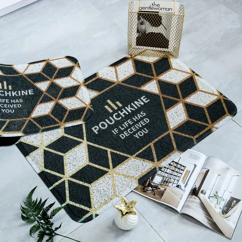 ПВХ шелковая петля пыленепроницаемый черный плед Коврик для двери мраморный геометрический черный золотой напольный коврик скребок для обуви для ванной комнаты коврик