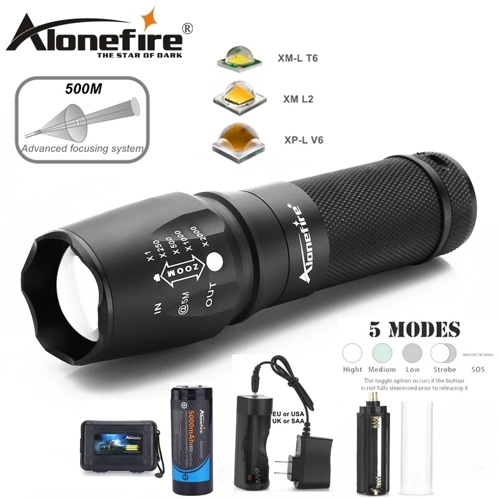 AloneFire X800 Тактический фонарь CREE XML T6 L2 v6 Светодиодный прожектор с зумом походный фонарь AAA 26650 перезаряжаемый аккумулятор