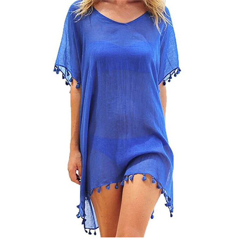 

Summer Beach Chiffon Dress Women Bikini Cover-up with Tassels Robe Swimsuit Bathing Suit Loose Tunics Pareo Cover Ups