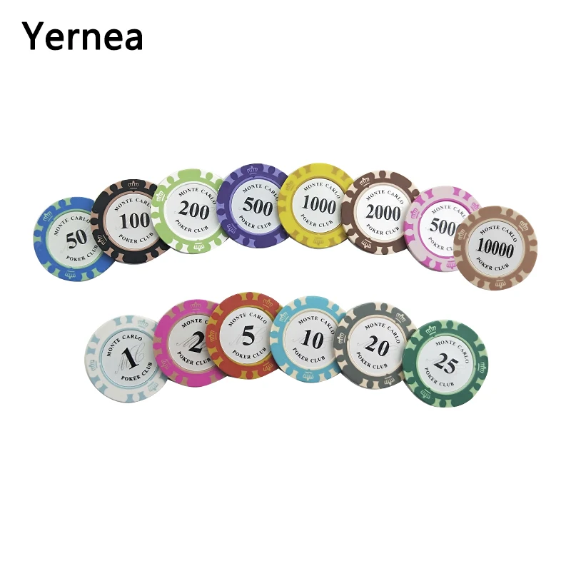 

Yernea 25PCS/Lot 14g Clay Embedded Iron Texas Hold'em Chip Poker Playing Card Chips Baccarat Coin Baccarat 14 Colors Chips