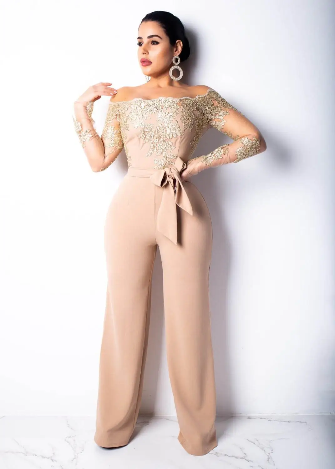 apricot jumpsuit Кружевной лоскутный комбинезон с аппликацией, женский сексуальный комбинезон с открытыми плечами и вырезом-лодочкой, женский комбинезон с длинным рукавом, элегантный комбинезон с широкими штанинами, 3XL - Цвет: apricot jumpsuit
