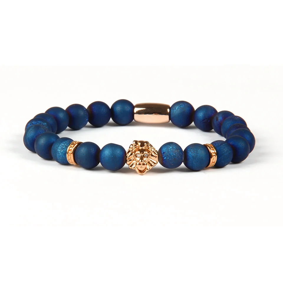 Blue Rose Gold Ailatu Высокое качество ювелирные изделия оптом 8 мм синий и фиолетовый скрабы отверстия смех камень с PVD покрытие льва головы браслет - Окраска металла: Blue Rose Gold
