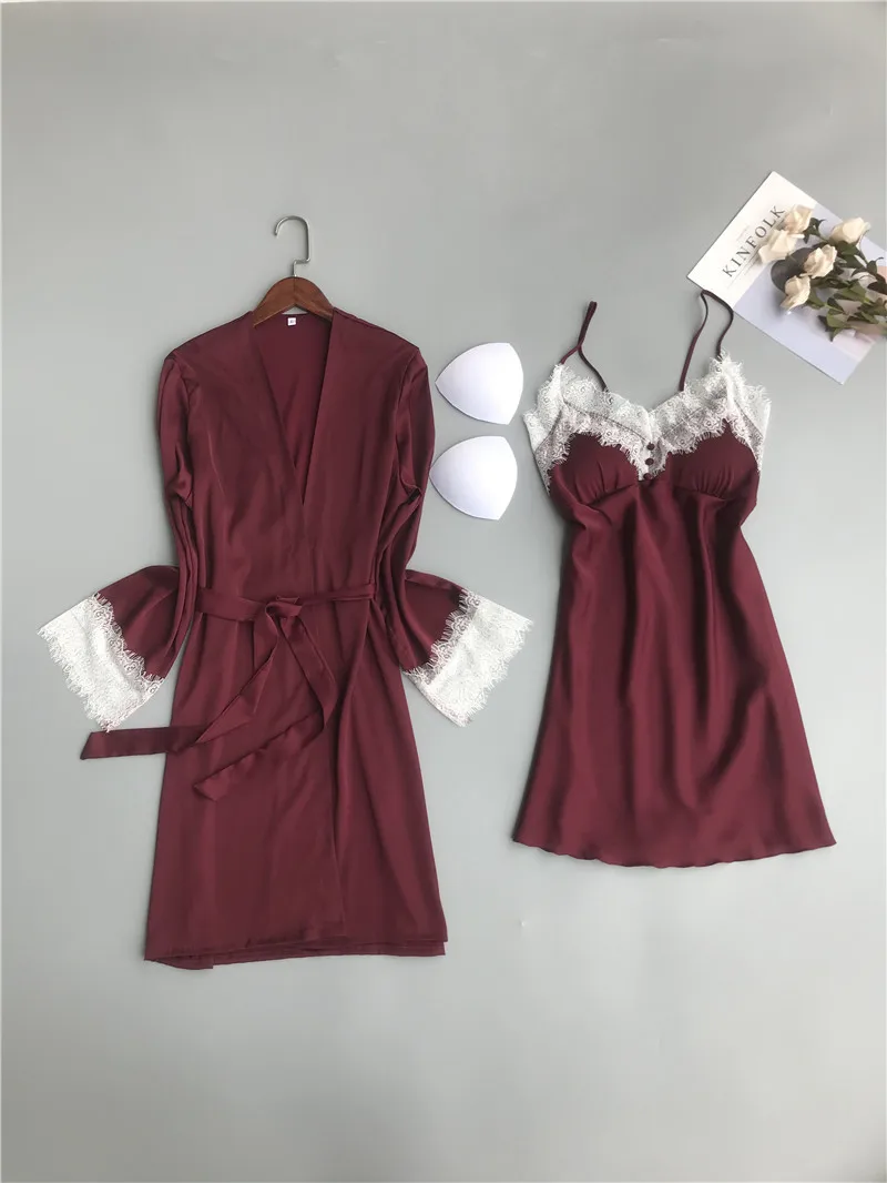 Атласный халат и платье комплект Женский сексуальный кружевной отделкой ночное 2
