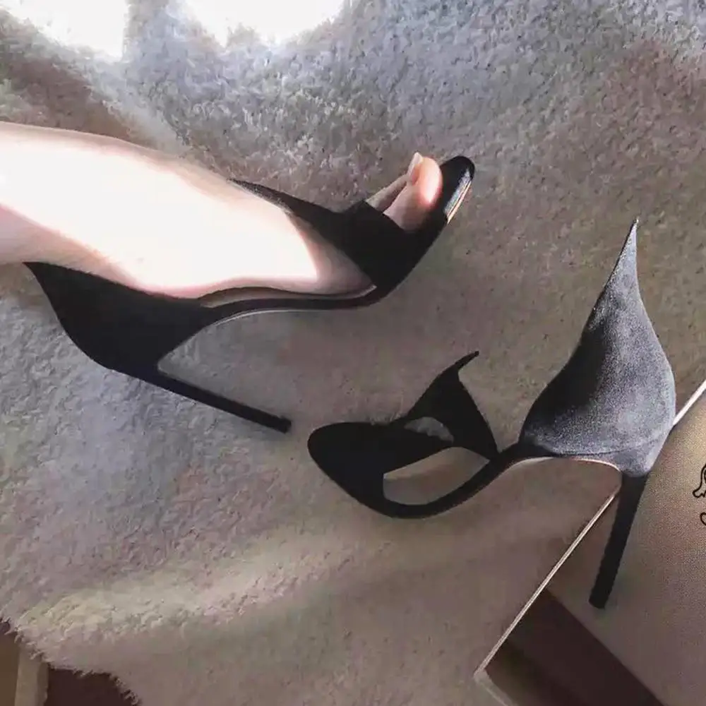 

Open Toe High Heel Woemn Black Sandals Fuax Suede Summer Sandals Slip On Sexy Brand Shoes Black Party Shoes Free Shipping 2018
