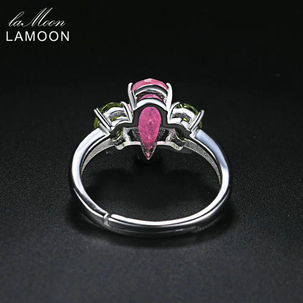 LAMOON 2018 Natural Rose Quartz & Peridot S925 Adjustable Rings Silver Color 925-Sterling-Silver Gemstone Fine Jewelry LMRI064