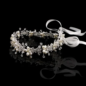 

Exquisite Bride Flower Crystal Tiaras Ribbon Hairband Crown Faux Pearls Hair Vine Wedding Hair Jewelry Headpiece