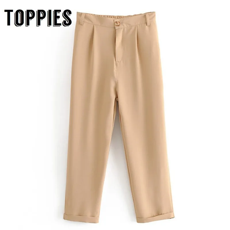 

2019 Office Lady Black Khaki Suit Pants Women Pleated Straight Pants Elastic High Waist Torusers Summer