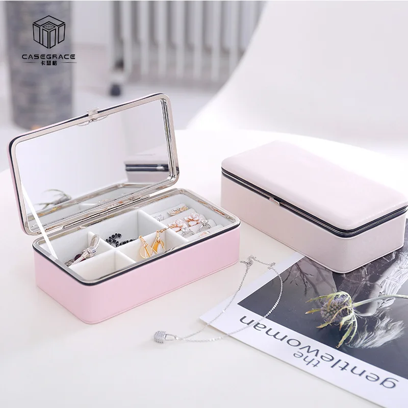 Beste Draagbare Koreaanse Sieraden Doos Organisator Reist Lederen Ring Armband Oorbel Ketting Display Storage Box Case met Make Up Spiegel
