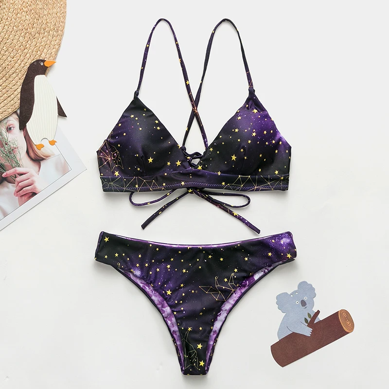 

Turmeric plus size bikini cross string bikinis 2019 mujer Print swimsuit female lace up woman swimwear triangle bathing suit new