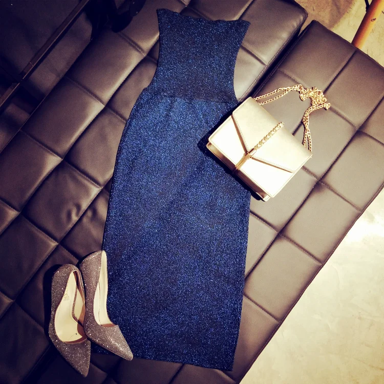 

Cakucool Silver Lurex Skirt Slim Straight Mid Long High Waist Knitted Skirts Bodycon Shiny Chic Sexy Mid Long Skirt