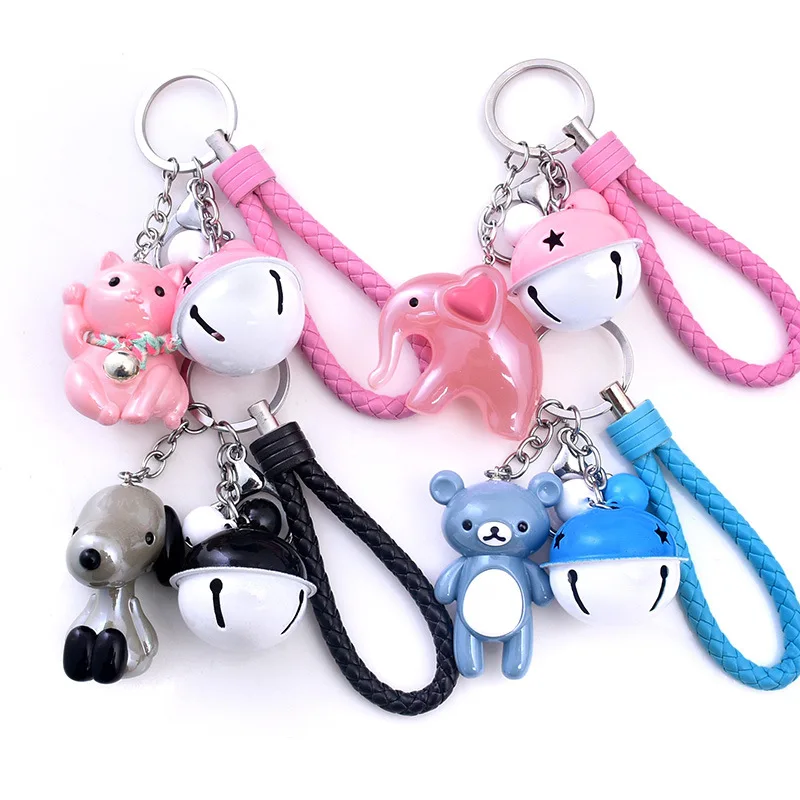 

Cute Animal Series Bears Elephants Dogs Lucky Cat KeyChain Leather Rope Bell Key Rings Car Purse Charm Bags Acrylic Key Chains