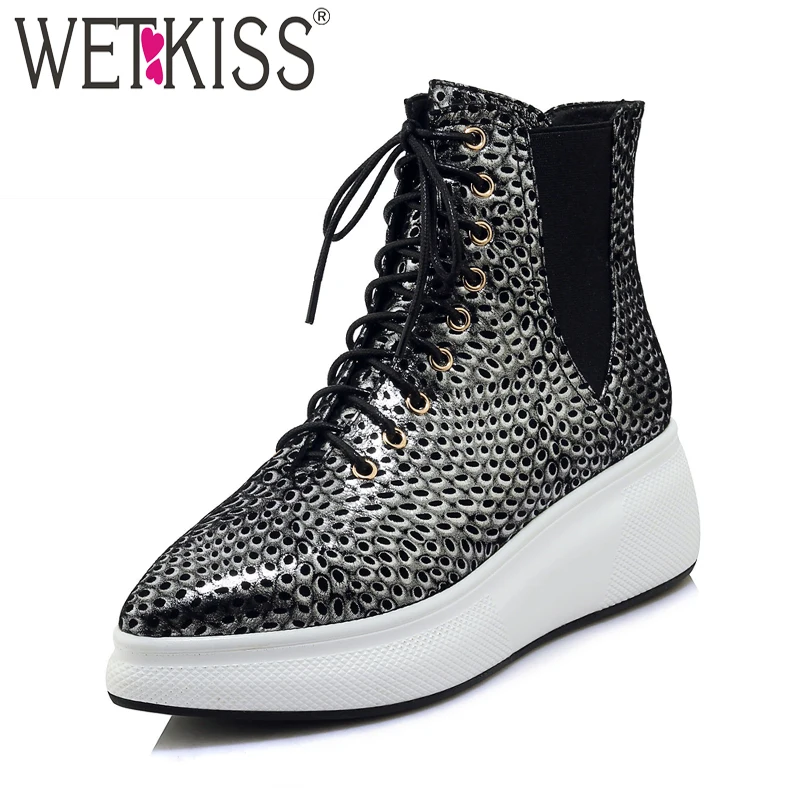 

WETKISS Print Leather Women Ankle Boots Lace Up Pointed Toe Footwear Flat With Female Short Boot Platform Shoes Woman Winter New